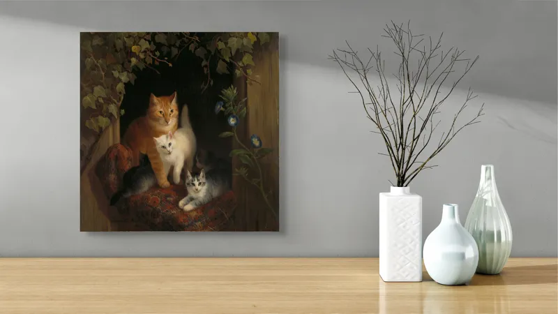 Tablou Canvas, "Familie de pisici în grădină linistită", Pisici, Blană, Mușcate, Frunze, Covor, Întuneric, Flori, Lumină, Îmbrățișare, Exuberanță, 50 x 50 cm – poza 3