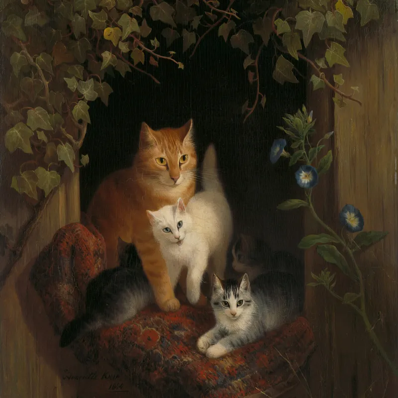 Tablou Canvas, "Familie de pisici în grădină linistită", Pisici, Blană, Mușcate, Frunze, Covor, Întuneric, Flori, Lumină, Îmbrățișare, Exuberanță, 50 x 50 cm – poza 2