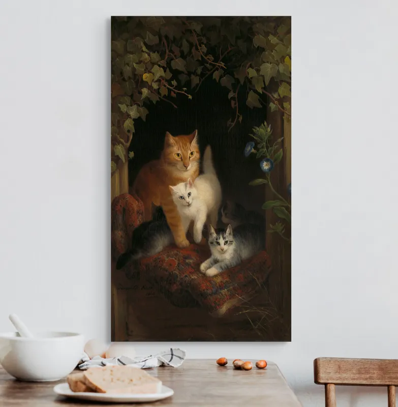 Tablou Canvas, "Familie de pisici în grădină linistită", Pisici, Blană, Mușcate, Frunze, Covor, Întuneric, Flori, Lumină, Îmbrățișare, Exuberanță, 50 x 90 cm – poza 3