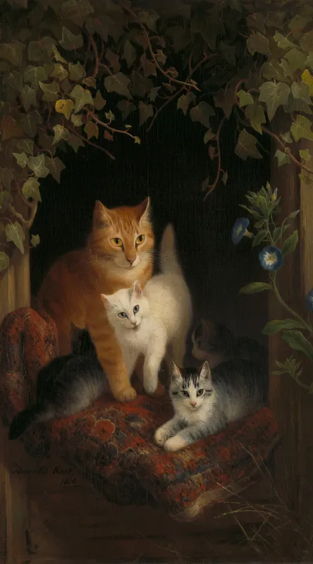 Tablou Canvas, "Familie de pisici în grădină linistită", Pisici, Blană, Mușcate, Frunze, Covor, Întuneric, Flori, Lumină, Îmbrățișare, Exuberanță, 50 x 90 cm – poza 2