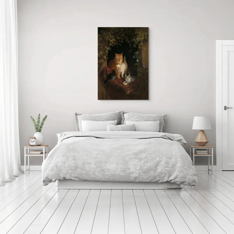 Tablou Canvas, "Familie de pisici în grădină linistită", Pisici, Blană, Mușcate, Frunze, Covor, Întuneric, Flori, Lumină, Îmbrățișare, Exuberanță, 70 x 100 cm – poza 3