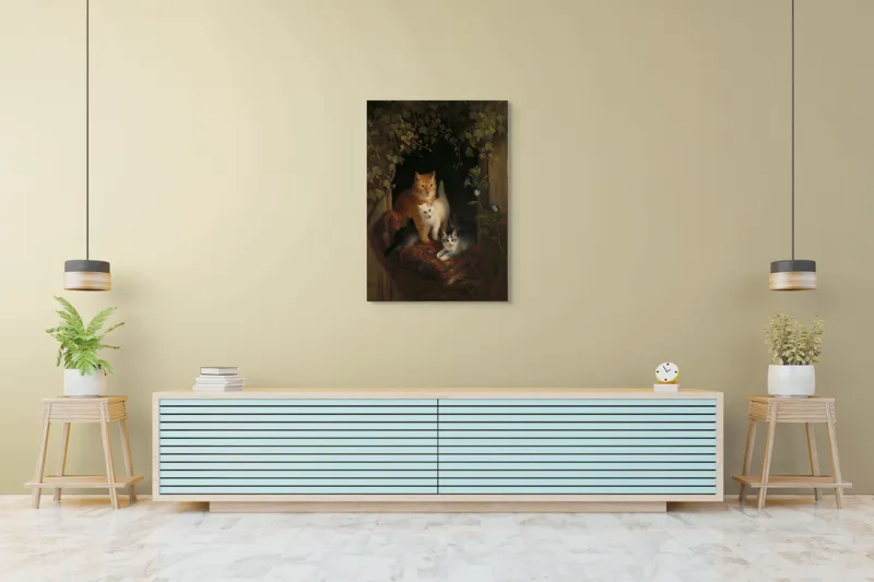 Tablou Canvas, "Familie de pisici în grădină linistită", Pisici, Blană, Mușcate, Frunze, Covor, Întuneric, Flori, Lumină, Îmbrățișare, Exuberanță, 70 x 100 cm – poza 5