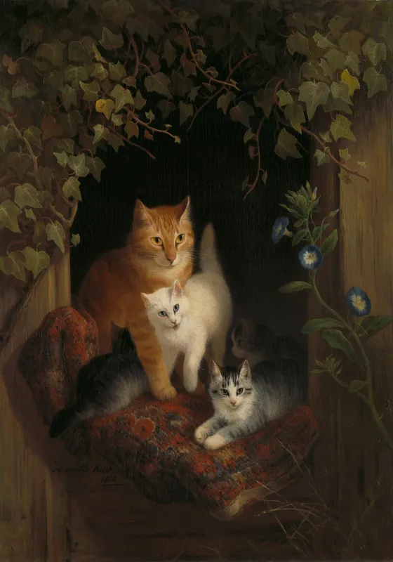 Tablou Canvas, "Familie de pisici în grădină linistită", Pisici, Blană, Mușcate, Frunze, Covor, Întuneric, Flori, Lumină, Îmbrățișare, Exuberanță, 70 x 100 cm – poza 2