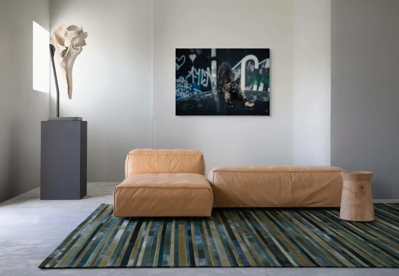 Tablou Canvas, "Pisica întinzându-se pe mașină veche", Pisică, Întindere, Blană, Graffiti, Noapte, Urban, Artă, Ochi., 100 x 70 cm – poza 7