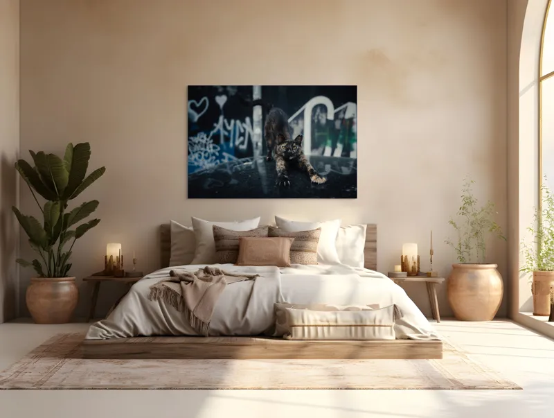 Tablou Canvas, "Pisica întinzându-se pe mașină veche", Pisică, Întindere, Blană, Graffiti, Noapte, Urban, Artă, Ochi., 150 x 100 cm – poza 4