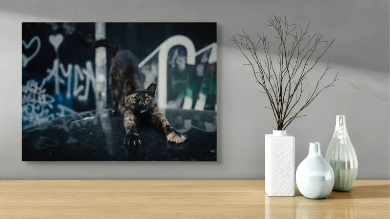 Tablou Canvas, "Pisica întinzându-se pe mașină veche", Pisică, Întindere, Blană, Graffiti, Noapte, Urban, Artă, Ochi., 70 x 50 cm – poza 3