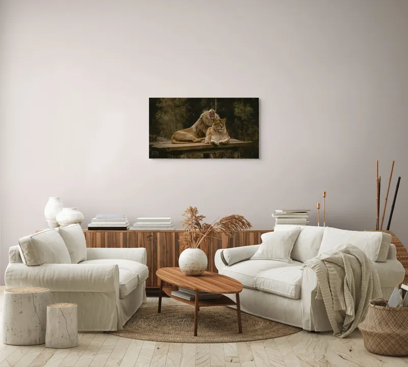 Tablou Canvas, "Regele leu și leoaica odihnindu-se", Majestate, Putere, Serenitate, Vigoare, Curaj, Tandrețe, Natură, Echilibru, 90 x 50 cm – poza 4