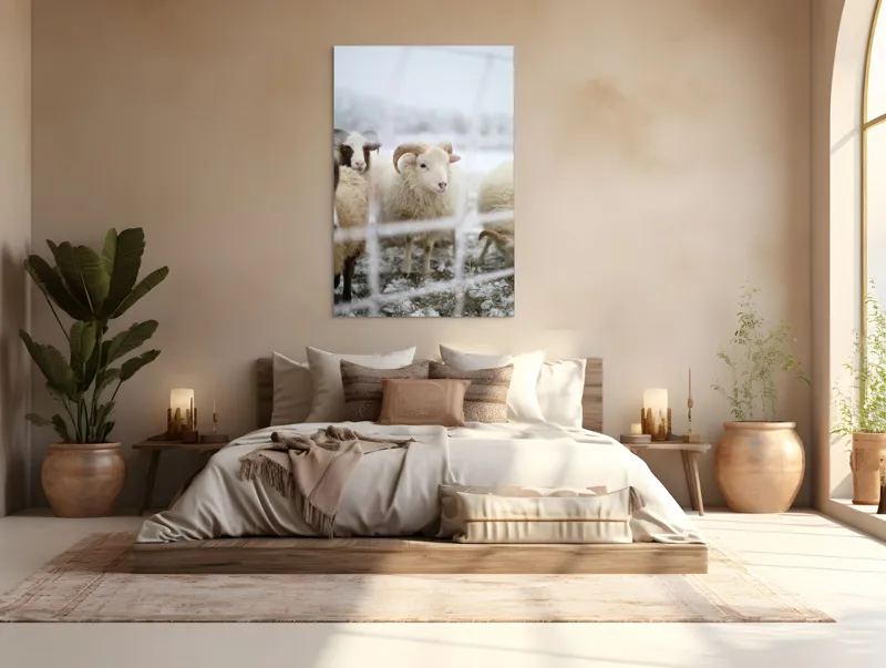 Tablou Canvas, "Oile odihnesc în zăpadă liniștită", Oi, Zăpadă, Țarcuri, Iarnă, Blană, Coarne, Peisaj, Frig, Animale, Câmp, 100 x 150 cm – poza 3
