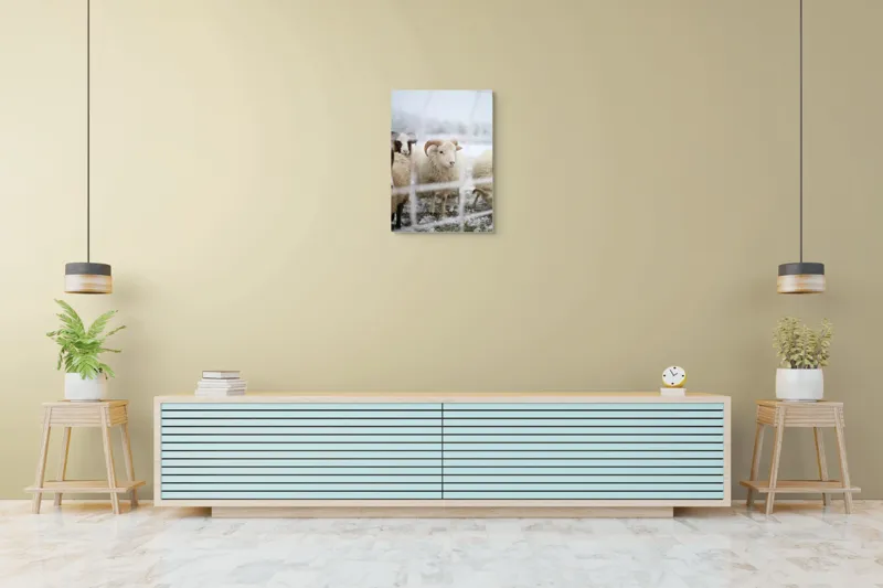 Tablou Canvas, "Oile odihnesc în zăpadă liniștită", Oi, Zăpadă, Țarcuri, Iarnă, Blană, Coarne, Peisaj, Frig, Animale, Câmp, 50 x 70 cm – poza 6