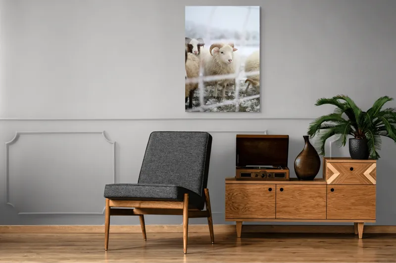 Tablou Canvas, "Oile odihnesc în zăpadă liniștită", Oi, Zăpadă, Țarcuri, Iarnă, Blană, Coarne, Peisaj, Frig, Animale, Câmp, 70 x 100 cm – poza 6