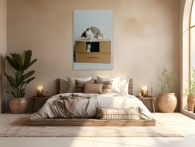 Tablou Canvas, "Pisica curajoasă în cutie misterioasă", Playful, Curious, Protective, Cozy, Mischievous, Surprising, 100 x 150 cm – poza 3