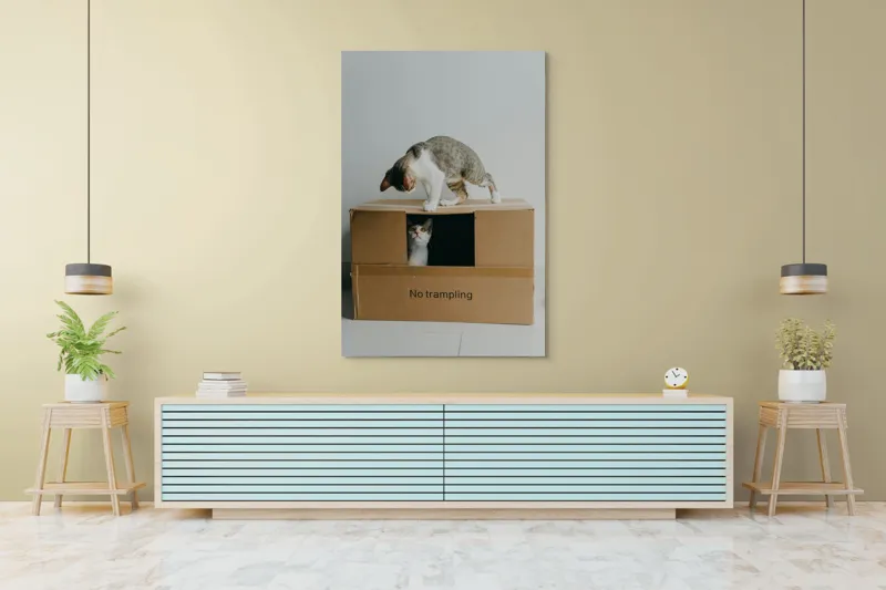 Tablou Canvas, "Pisica curajoasă în cutie misterioasă", Playful, Curious, Protective, Cozy, Mischievous, Surprising, 100 x 150 cm – poza 4