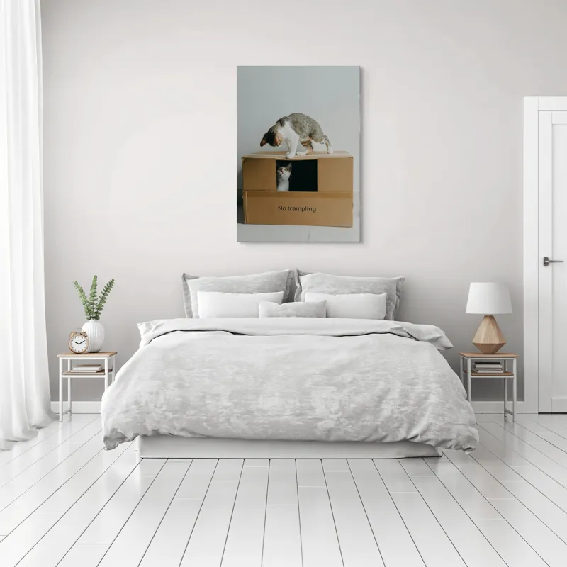 Tablou Canvas, "Pisica curajoasă în cutie misterioasă", Playful, Curious, Protective, Cozy, Mischievous, Surprising, 70 x 100 cm – poza 3