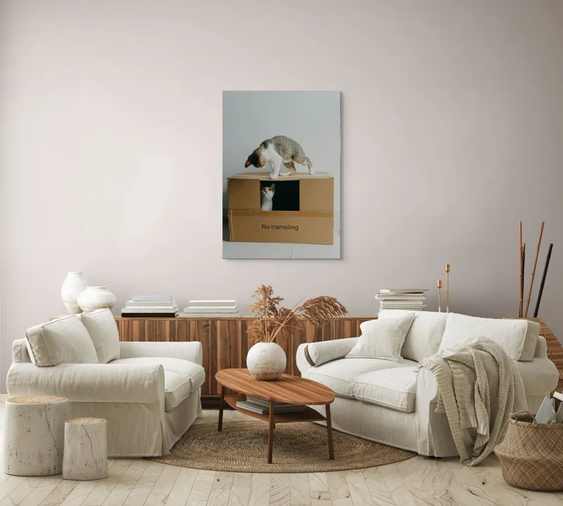 Tablou Canvas, "Pisica curajoasă în cutie misterioasă", Playful, Curious, Protective, Cozy, Mischievous, Surprising, 70 x 100 cm – poza 4