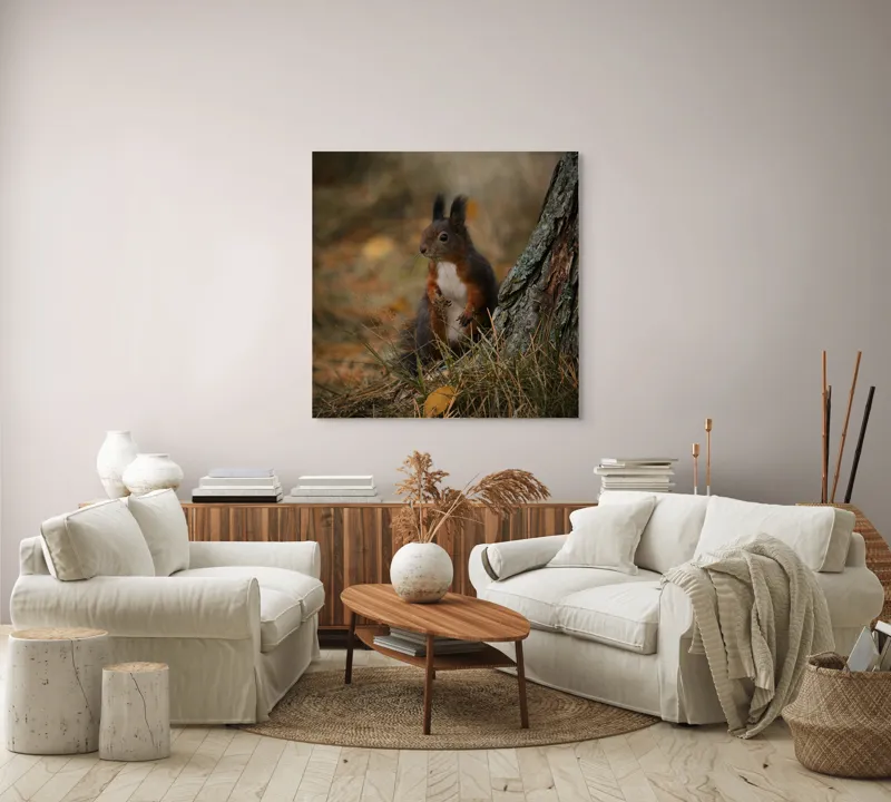 Tablou Canvas, "Veverița curioasă la marginea pădurii", Veveriță, Pădure, Trunchi, Blană, Toamnă, Frunze, Natură, Ghinde, Urechiușe, Ochii, Blândă, Curioasă, 100 x 100 cm – poza 3