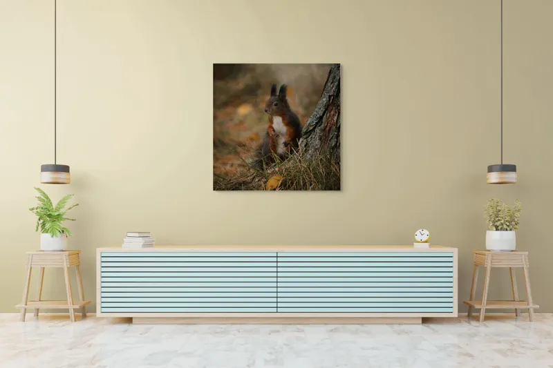Tablou Canvas, "Veverița curioasă la marginea pădurii", Veveriță, Pădure, Trunchi, Blană, Toamnă, Frunze, Natură, Ghinde, Urechiușe, Ochii, Blândă, Curioasă, 100 x 100 cm – poza 5