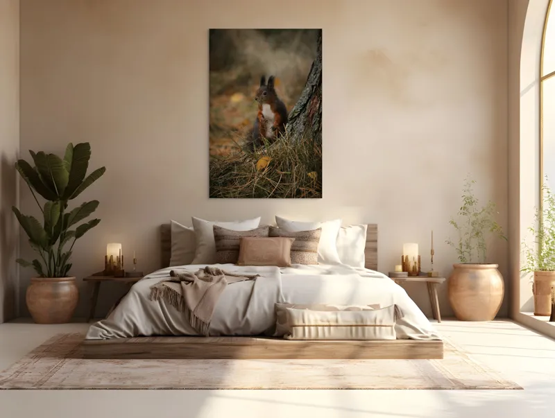 Tablou Canvas, "Veverița curioasă la marginea pădurii", Veveriță, Pădure, Trunchi, Blană, Toamnă, Frunze, Natură, Ghinde, Urechiușe, Ochii, Blândă, Curioasă, 100 x 150 cm – poza 3