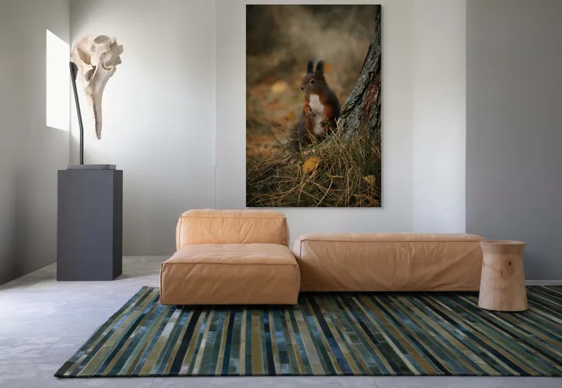 Tablou Canvas, "Veverița curioasă la marginea pădurii", Veveriță, Pădure, Trunchi, Blană, Toamnă, Frunze, Natură, Ghinde, Urechiușe, Ochii, Blândă, Curioasă, 100 x 150 cm – poza 7