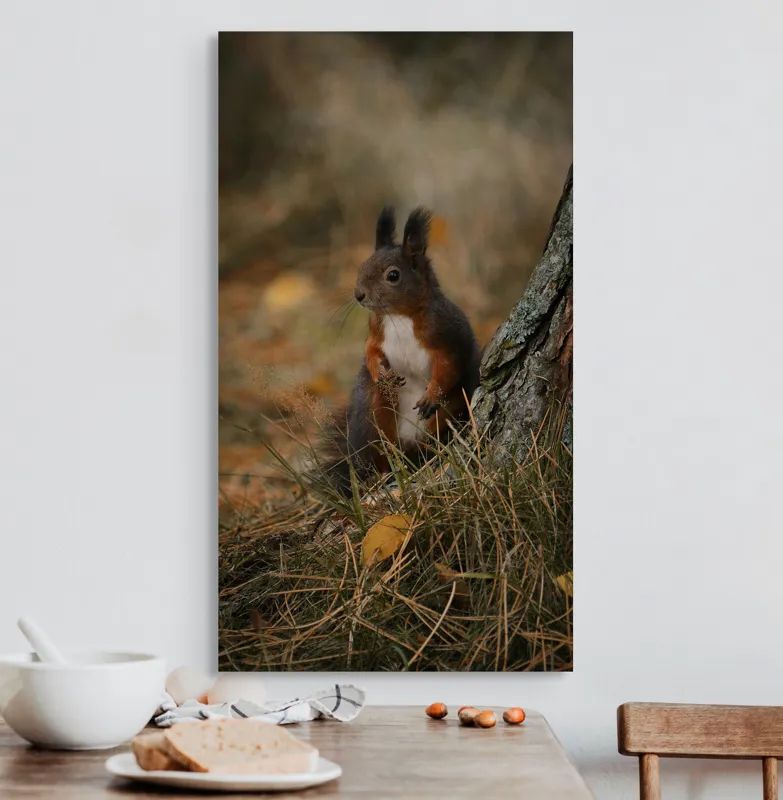 Tablou Canvas, "Veverița curioasă la marginea pădurii", Veveriță, Pădure, Trunchi, Blană, Toamnă, Frunze, Natură, Ghinde, Urechiușe, Ochii, Blândă, Curioasă, 50 x 90 cm – poza 3