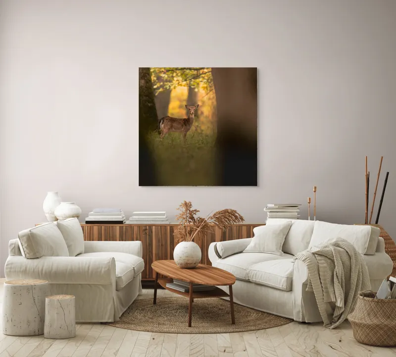 Tablou Canvas, "Căprioara în pădurea aurie de toamnă", Căprioară, Pădure, Toamnă, Luminiș, Natură, Frunziș, Lumină, Serenitate, 100 x 100 cm – poza 3