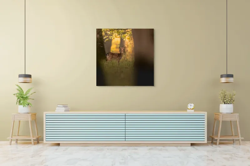 Tablou Canvas, "Căprioara în pădurea aurie de toamnă", Căprioară, Pădure, Toamnă, Luminiș, Natură, Frunziș, Lumină, Serenitate, 100 x 100 cm – poza 5