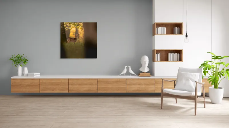 Tablou Canvas, "Căprioara în pădurea aurie de toamnă", Căprioară, Pădure, Toamnă, Luminiș, Natură, Frunziș, Lumină, Serenitate, 100 x 100 cm – poza 8