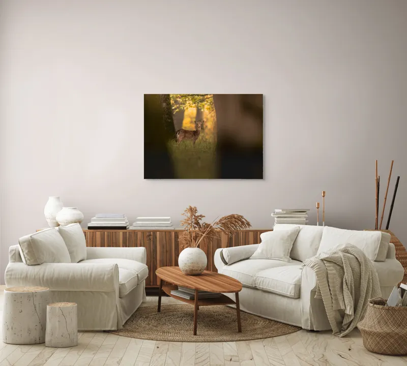 Tablou Canvas, "Căprioara în pădurea aurie de toamnă", Căprioară, Pădure, Toamnă, Luminiș, Natură, Frunziș, Lumină, Serenitate, 100 x 70 cm – poza 3