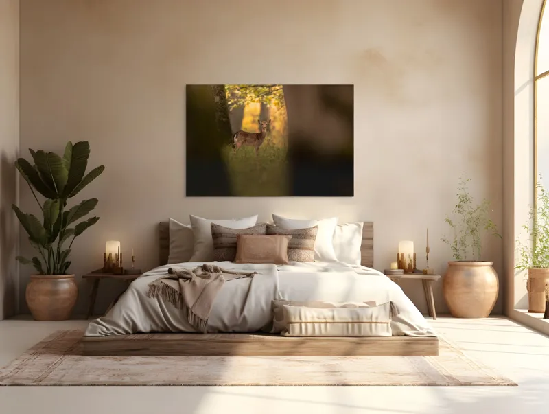 Tablou Canvas, "Căprioara în pădurea aurie de toamnă", Căprioară, Pădure, Toamnă, Luminiș, Natură, Frunziș, Lumină, Serenitate, 150 x 100 cm – poza 4