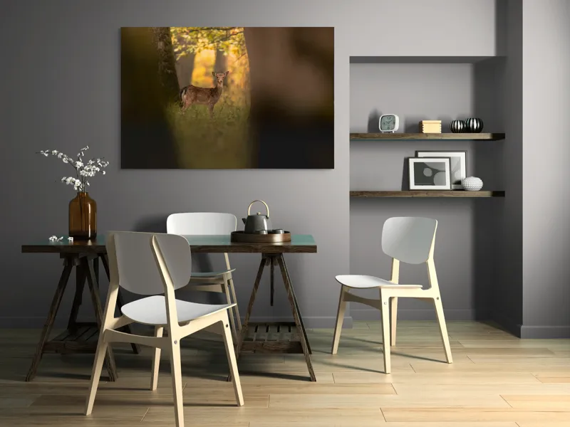 Tablou Canvas, "Căprioara în pădurea aurie de toamnă", Căprioară, Pădure, Toamnă, Luminiș, Natură, Frunziș, Lumină, Serenitate, 150 x 100 cm – poza 5
