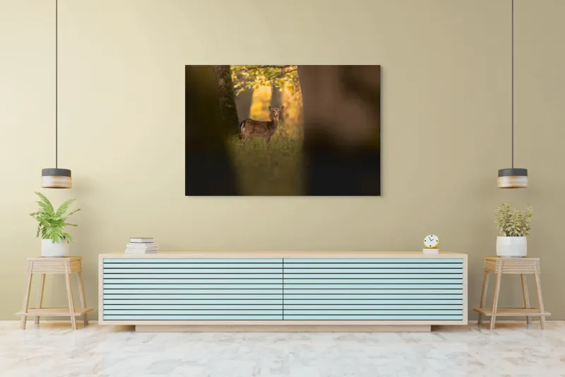 Tablou Canvas, "Căprioara în pădurea aurie de toamnă", Căprioară, Pădure, Toamnă, Luminiș, Natură, Frunziș, Lumină, Serenitate, 150 x 100 cm – poza 6