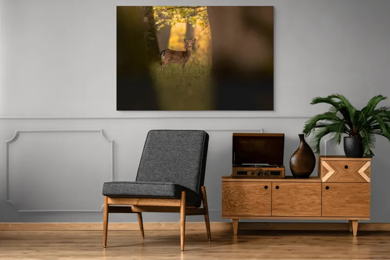 Tablou Canvas, "Căprioara în pădurea aurie de toamnă", Căprioară, Pădure, Toamnă, Luminiș, Natură, Frunziș, Lumină, Serenitate, 150 x 100 cm – poza 8