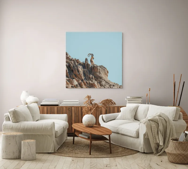Tablou Canvas, "Capra de stâncă în zare senină", Desert, Capră, Stâncă, Cer, Sălbăticie, Natură, Solitudine, Linie, Orizont, Verticalitate, 100 x 100 cm – poza 3