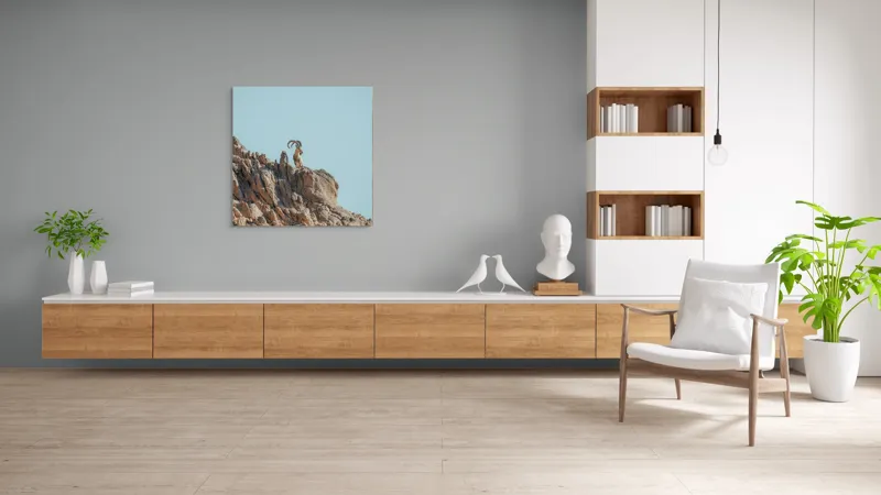 Tablou Canvas, "Capra de stâncă în zare senină", Desert, Capră, Stâncă, Cer, Sălbăticie, Natură, Solitudine, Linie, Orizont, Verticalitate, 100 x 100 cm – poza 8