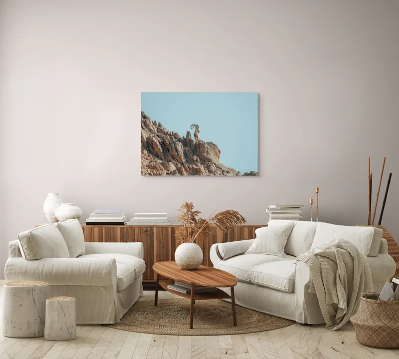 Tablou Canvas, "Capra de stâncă în zare senină", Desert, Capră, Stâncă, Cer, Sălbăticie, Natură, Solitudine, Linie, Orizont, Verticalitate, 100 x 70 cm – poza 3