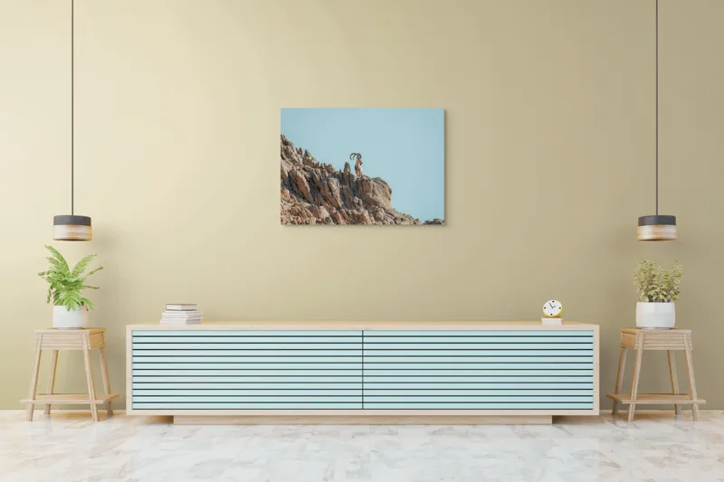 Tablou Canvas, "Capra de stâncă în zare senină", Desert, Capră, Stâncă, Cer, Sălbăticie, Natură, Solitudine, Linie, Orizont, Verticalitate, 100 x 70 cm – poza 4