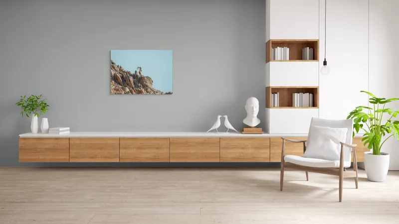 Tablou Canvas, "Capra de stâncă în zare senină", Desert, Capră, Stâncă, Cer, Sălbăticie, Natură, Solitudine, Linie, Orizont, Verticalitate, 100 x 70 cm – poza 6