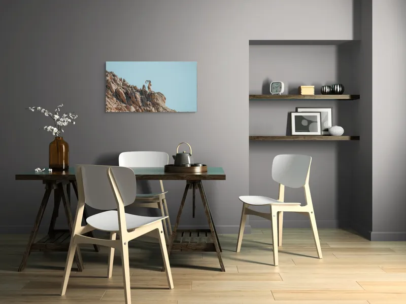 Tablou Canvas, "Capra de stâncă în zare senină", Desert, Capră, Stâncă, Cer, Sălbăticie, Natură, Solitudine, Linie, Orizont, Verticalitate, 90 x 50 cm – poza 3
