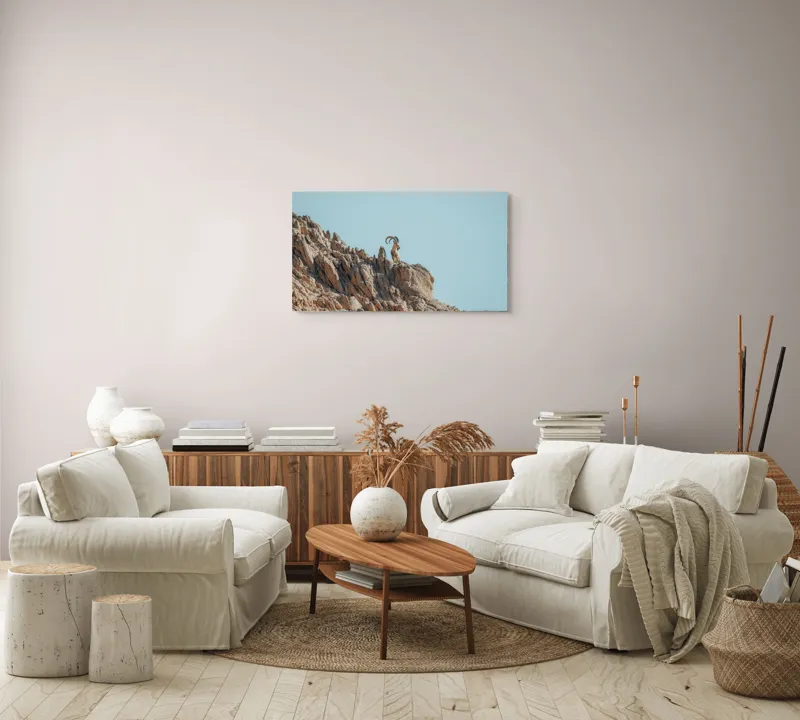 Tablou Canvas, "Capra de stâncă în zare senină", Desert, Capră, Stâncă, Cer, Sălbăticie, Natură, Solitudine, Linie, Orizont, Verticalitate, 90 x 50 cm – poza 4