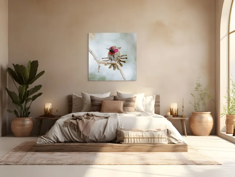 Tablou Canvas, "Colibri multicolor pe creanga uscată", Colorat, Fragil, Agil, Zvelt, Înaripat, Mic, Strălucitor, Vibrant, 100 x 100 cm – poza 4