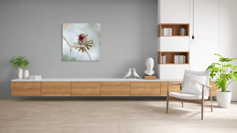 Tablou Canvas, "Colibri multicolor pe creanga uscată", Colorat, Fragil, Agil, Zvelt, Înaripat, Mic, Strălucitor, Vibrant, 100 x 100 cm – poza 8