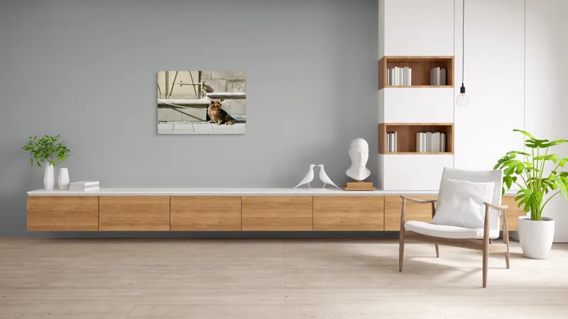 Tablou Canvas, "Câinele așteaptă liniștit la umbră", Câine, Lesă, Umbră, Pereți, Trotuar, Blană, Iluminare, Odihnă, 100 x 70 cm – poza 6