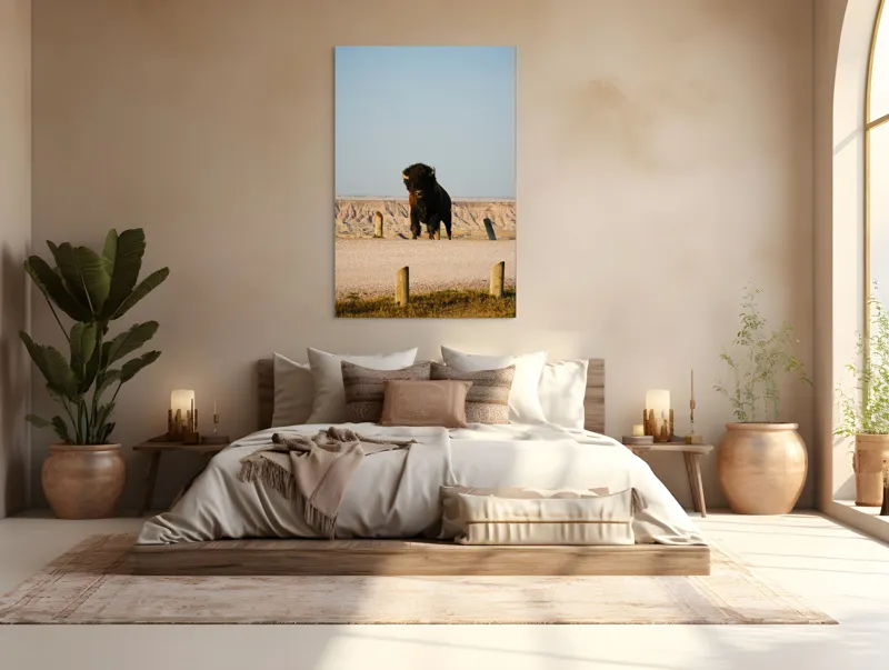 Tablou Canvas, "Bizon în peisaj deșertic american", Bizon, Peisaj, Prerie, Cer, Culmi, 100 x 150 cm – poza 3