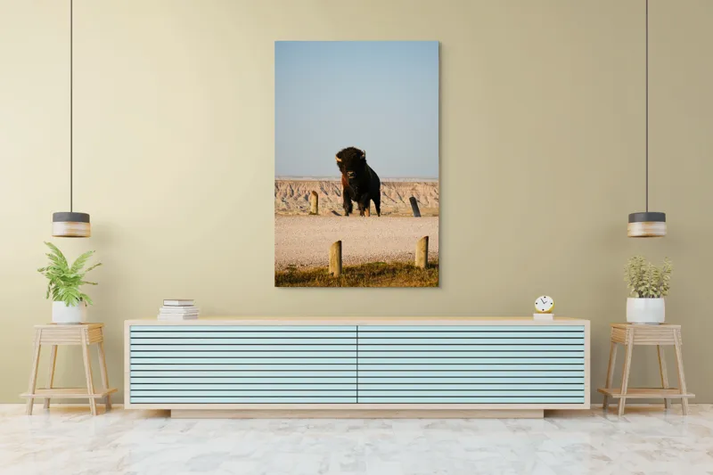 Tablou Canvas, "Bizon în peisaj deșertic american", Bizon, Peisaj, Prerie, Cer, Culmi, 100 x 150 cm – poza 4