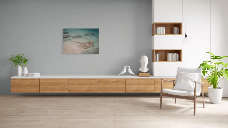 Tablou Canvas, "Stingray alunecând în apele limpezi", Razele, Apă, Nisip, Albastru, Valuri, Molenste, Liniște, Natură, 100 x 70 cm – poza 6