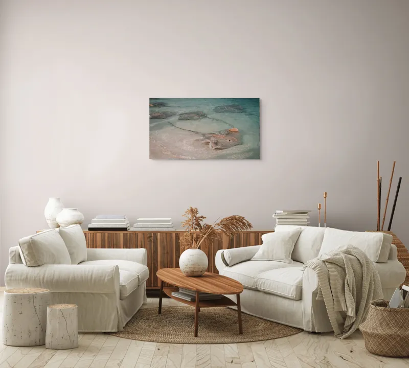 Tablou Canvas, "Stingray alunecând în apele limpezi", Razele, Apă, Nisip, Albastru, Valuri, Molenste, Liniște, Natură, 90 x 50 cm – poza 4