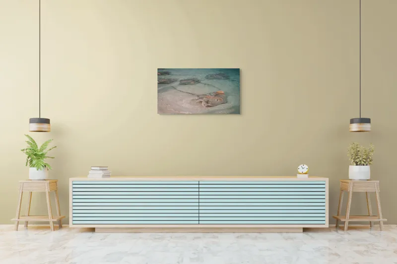 Tablou Canvas, "Stingray alunecând în apele limpezi", Razele, Apă, Nisip, Albastru, Valuri, Molenste, Liniște, Natură, 90 x 50 cm – poza 5