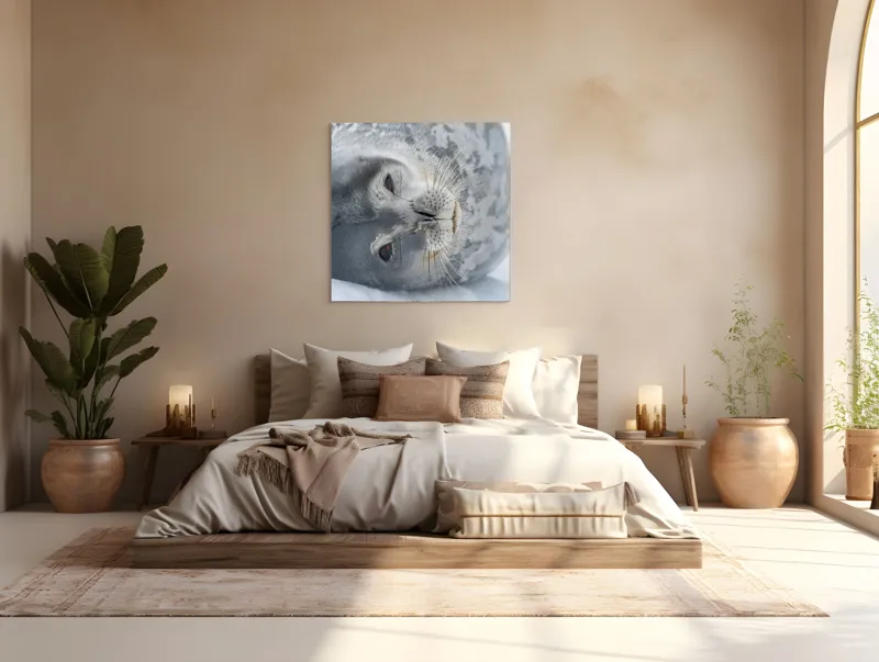 Tablou Canvas, "Visul odihnit al focii somnoroase", Sigiliu, Relaxat, Zăpadă, Mustăți, Piele, Gheață, Ochi, Blană, Calm, Fundal Alb, 100 x 100 cm – poza 4