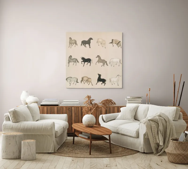 Tablou Canvas, "Cai în diferite mișcări și culori", Cal, Galop, Culoare, Contrast, Frumusețe, Eleganță, Diversitate, Mișcare, Formă, Dinamică, Grație, Artă, Compoziție, Natură, Siluetă, Postură., 100 x 100 cm – poza 3