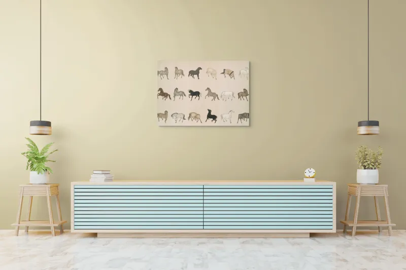 Tablou Canvas, "Cai în diferite mișcări și culori", Cal, Galop, Culoare, Contrast, Frumusețe, Eleganță, Diversitate, Mișcare, Formă, Dinamică, Grație, Artă, Compoziție, Natură, Siluetă, Postură., 100 x 70 cm – poza 4
