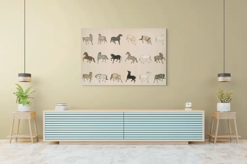 Tablou Canvas, "Cai în diferite mișcări și culori", Cal, Galop, Culoare, Contrast, Frumusețe, Eleganță, Diversitate, Mișcare, Formă, Dinamică, Grație, Artă, Compoziție, Natură, Siluetă, Postură., 150 x 100 cm – poza 6